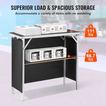 VEVOR Folding Portable Bar Table, Tradeshow Podium Table for Indoor, Outdoor, Party, Picnic, Exhibition, Includes Carrying Case, Storage Shelf and Black Skirt, 38.39" x 15.16" x 34.25"