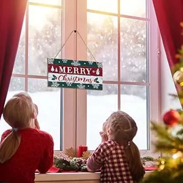 Marsui Christmas Sign Rustic Merry Christmas Hanging Sign Farmhouse Outdoor Wooden Christmas Decoration Xmas Holiday Decor with Hanging Rope for Christmas Home Window Wall Farmhouse Indoor Decoration
