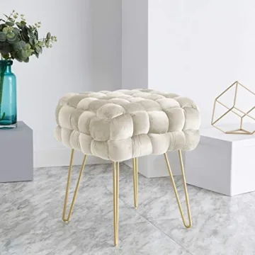 Stylish Ornavo Velvet Ottoman with Gold Legs - Cream