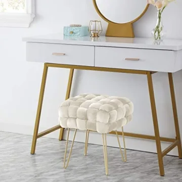 Stylish Ornavo Velvet Ottoman with Gold Legs - Cream
