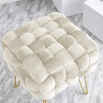 Stylish Ornavo Velvet Ottoman with Gold Legs - Cream