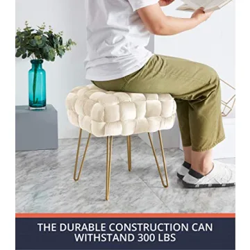 Stylish Ornavo Velvet Ottoman with Gold Legs - Cream