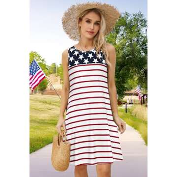 Elescat America Flag Summer Beach Sleeveless Sundress with Pockets