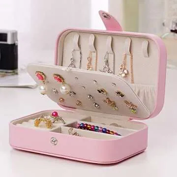 Small Jewelry Box, Tdbest Travel Jewelry Organizer Display Case for Earrings Rings Necklace Bracelet Watch Lipstick Storage, Leather Portable Jewelry Box for Women (Pink)