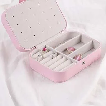 Small Jewelry Box, Tdbest Travel Jewelry Organizer Display Case for Earrings Rings Necklace Bracelet Watch Lipstick Storage, Leather Portable Jewelry Box for Women (Pink)