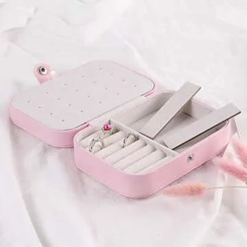 Small Jewelry Box, Tdbest Travel Jewelry Organizer Display Case for Earrings Rings Necklace Bracelet Watch Lipstick Storage, Leather Portable Jewelry Box for Women (Pink)