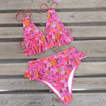 SPORLIKE Women High Waisted Swimsuit Ruffle Bikini Two Pieces Swimwear(Flower Print,Small)