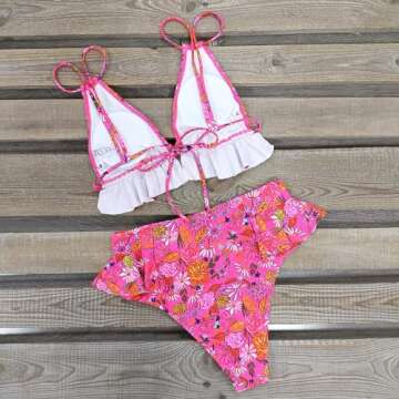 SPORLIKE Women High Waisted Swimsuit Ruffle Bikini Two Pieces Swimwear(Flower Print,Small)