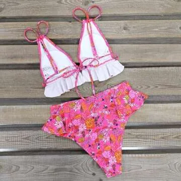 SPORLIKE Women High Waisted Swimsuit Ruffle Bikini Two Pieces Swimwear(Flower Print,Small)