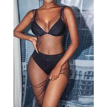 FlyCC Women Sexy Rhinestone Sheer Mesh Beach Dress Cover Up