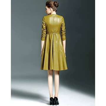 LAI MENG FIVE CATS Womens Faux Leather Fashion Midi Bodycon A-line Dress with Belted, Yellow, Large