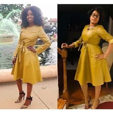 LAI MENG FIVE CATS Womens Faux Leather Fashion Midi Bodycon A-line Dress with Belted, Yellow, Large