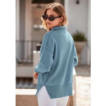 PRETTYGARDEN Women's Fall Pullover Oversized Sweaters Casual Long Sleeve Zip Up Lapel V Neck Knitted Winter Tops (Grey Blue,Large)