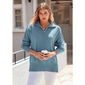 PRETTYGARDEN Women's Fall Pullover Oversized Sweaters Casual Long Sleeve Zip Up Lapel V Neck Knitted Winter Tops (Grey Blue,Large)