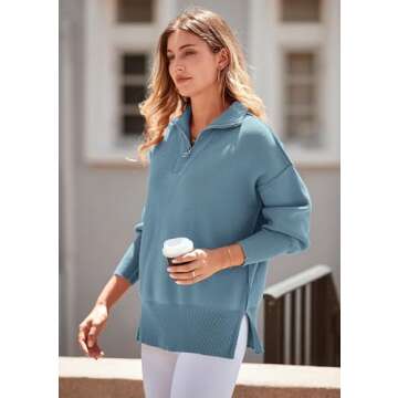 PRETTYGARDEN Women's Fall Pullover Oversized Sweaters Casual Long Sleeve Zip Up Lapel V Neck Knitted Winter Tops (Grey Blue,Large)