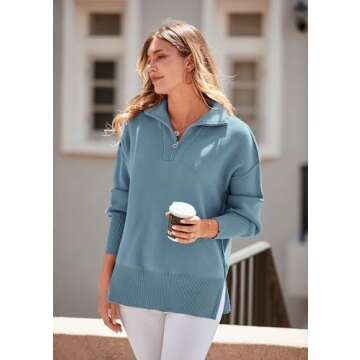 PRETTYGARDEN Women's Fall Pullover Oversized Sweaters Casual Long Sleeve Zip Up Lapel V Neck Knitted Winter Tops (Grey Blue,Large)