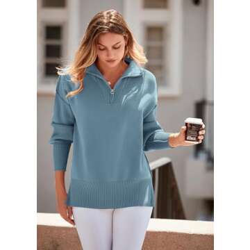 PRETTYGARDEN Women's Fall Pullover Oversized Sweaters Casual Long Sleeve Zip Up Lapel V Neck Knitted Winter Tops (Grey Blue,Large)