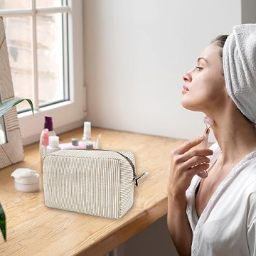 GFU Seersucker Cosmetic Bag Large Travel Toiletry Makeup Organizer