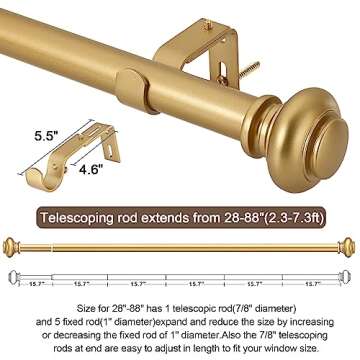 SIMEWIN Gold Curtain Rods for Windows 48 to 84 Inches Adjustable Decorative 1 Inch Diameter Single Window Curtain Rod Set with Classic Finials, Gold Finishing