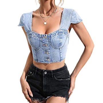 Trendy Sun.YG Women's Denim Corset Top with Ruffle Sleeves
