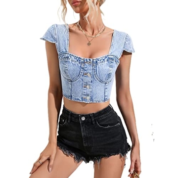 Trendy Sun.YG Women's Denim Corset Top with Ruffle Sleeves