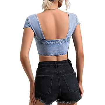 Trendy Sun.YG Women's Denim Corset Top with Ruffle Sleeves