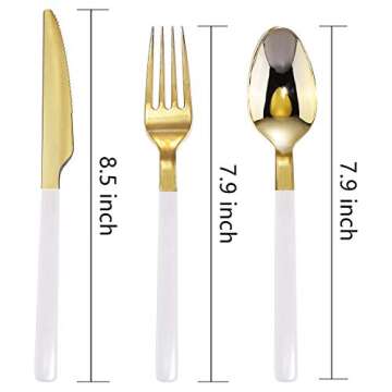 Nervure 150 Pieces Gold Plastic Silverware,Disposable Plastic Cutlery with White Handle- Include 50 ...