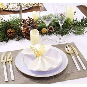 Nervure 150 Pieces Gold Plastic Silverware,Disposable Plastic Cutlery with White Handle- Include 50 Forks,50 Knives,50 Spoons,Perfect for Parties, Weddings & Catering Events