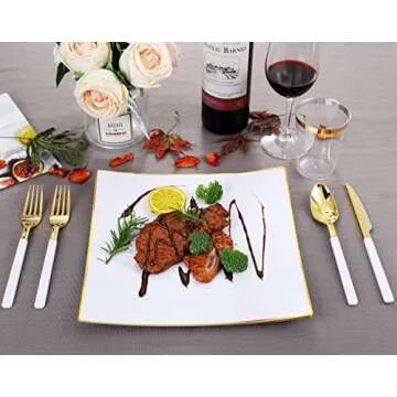 Nervure 150 Pieces Gold Plastic Silverware,Disposable Plastic Cutlery with White Handle- Include 50 Forks,50 Knives,50 Spoons,Perfect for Parties, Weddings & Catering Events