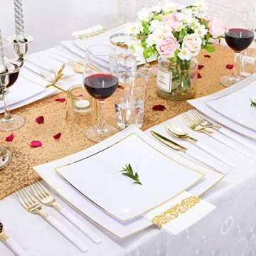 Nervure 150 Pieces Gold Plastic Silverware,Disposable Plastic Cutlery with White Handle- Include 50 Forks,50 Knives,50 Spoons,Perfect for Parties, Weddings & Catering Events