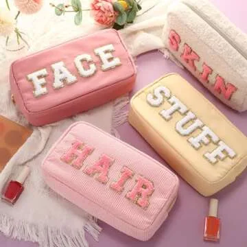 Kajaia 4 Pcs Nylon Chenille Letter Bag Preppy Pouches Cute Cosmetic Makeup Toiletry Bag for Women Tr...