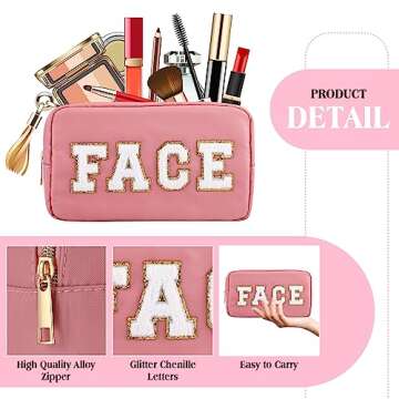 Kajaia 4 Pcs Nylon Chenille Letter Bag Preppy Pouches Cute Cosmetic Makeup Toiletry Bag for Women Travel Zipper School Pouches Christmas Gifts(Beige, Powder, Milk White, Pink,Grace)