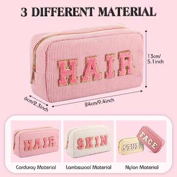 Kajaia 4 Pcs Nylon Chenille Letter Bag Preppy Pouches Cute Cosmetic Makeup Toiletry Bag for Women Travel Zipper School Pouches Christmas Gifts(Beige, Powder, Milk White, Pink,Grace)