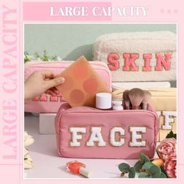 Kajaia 4 Pcs Nylon Chenille Letter Bag Preppy Pouches Cute Cosmetic Makeup Toiletry Bag for Women Travel Zipper School Pouches Christmas Gifts(Beige, Powder, Milk White, Pink,Grace)