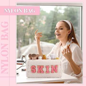 Kajaia 4 Pcs Nylon Chenille Letter Bag Preppy Pouches Cute Cosmetic Makeup Toiletry Bag for Women Travel Zipper School Pouches Christmas Gifts(Beige, Powder, Milk White, Pink,Grace)