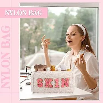 Kajaia 4 Pcs Nylon Chenille Letter Bag Preppy Pouches Cute Cosmetic Makeup Toiletry Bag for Women Travel Zipper School Pouches Christmas Gifts(Beige, Powder, Milk White, Pink,Grace)