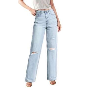 Hybrid & Company Womens Super Comfy Wide Leg High Rise Distressed Ripped Jeans P5000WL Bleach 11