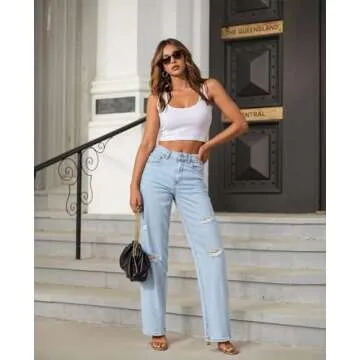 Hybrid & Company Womens Super Comfy Wide Leg High Rise Distressed Ripped Jeans P5000WL Bleach 11