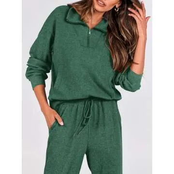 BTFBM Women's 2 Piece Tracksuit Fall Outfits 2025 Long Sleeve Half Zip Sweatshirt Sweatpants Lounge Set Sweatsuits(Solid Dark Green,Medium)