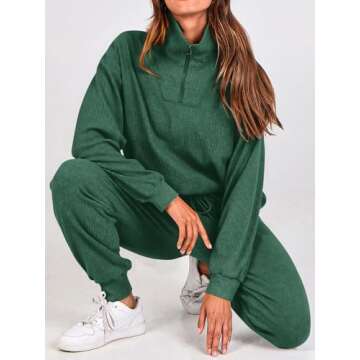 BTFBM Women's 2 Piece Tracksuit Fall Outfits 2025 Long Sleeve Half Zip Sweatshirt Sweatpants Lounge Set Sweatsuits(Solid Dark Green,Medium)