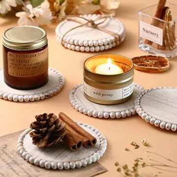 Honeydak 6 Pcs Beaded Wood Coasters Sets 3.94 Inches Round Beaded Farmhouse Coasters Home Wood for Drinks Bar Table Top Home Kitchen Table Housewarming(White)