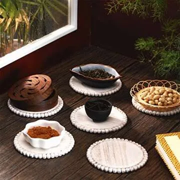 Honeydak 6 Pcs Beaded Wood Coasters Sets 3.94 Inches Round Beaded Farmhouse Coasters Home Wood for Drinks Bar Table Top Home Kitchen Table Housewarming(White)