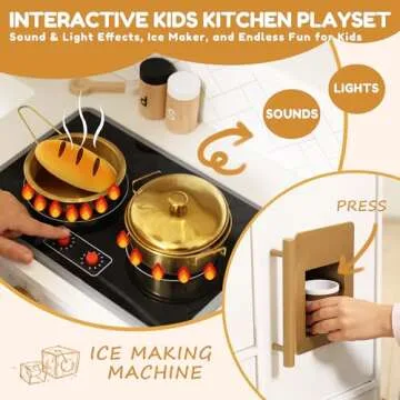 Interactive Wooden Play Kitchen Set for Kids: Realistic Features with Extended Storage and 15 Kitchen Accessories, Ideal Pretend Playset Gift for Toddlers and Children Ages 3+