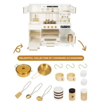 Interactive Wooden Play Kitchen Set for Kids: Realistic Features with Extended Storage and 15 Kitchen Accessories, Ideal Pretend Playset Gift for Toddlers and Children Ages 3+