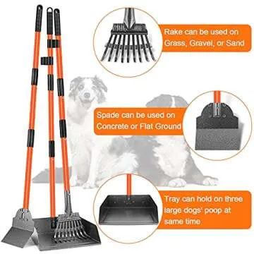 Grehge Scooper Adjustable Long Handle Metal Tray Rake and Spade Poop Scooper for Dogs Pack Poop Scoo...
