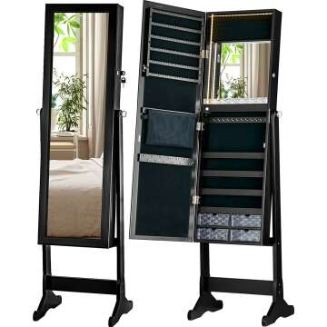LUXFURNI LED Jewelry Cabinet Mirror with Storage