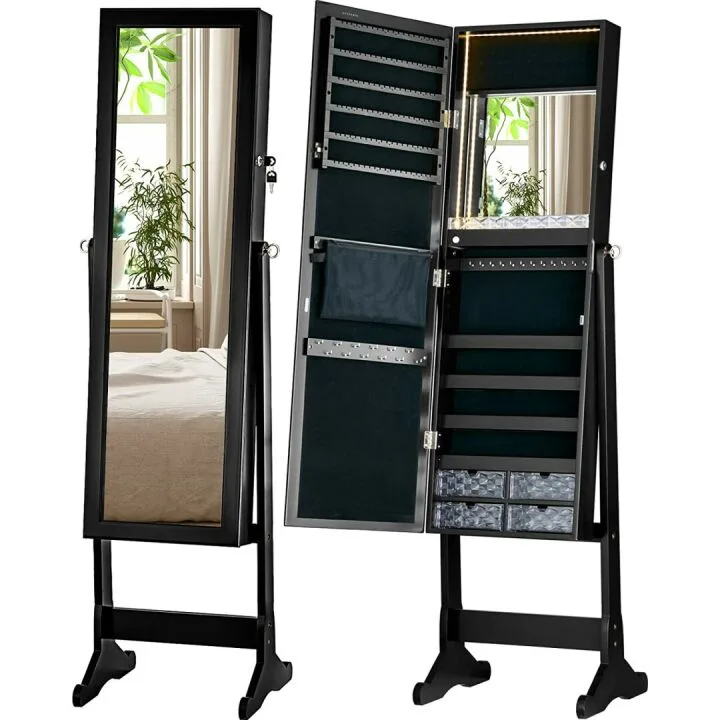 LUXFURNI LED Jewelry Cabinet Mirror with Storage