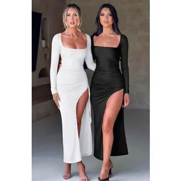 GOKATOSAU Women's Long Sleeve Split Drawstring Maxi Dress