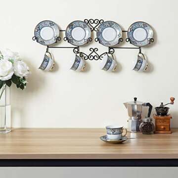 MyGift Vintage Scrollwork Black Metal Wire Tea Coffee Cup and Saucer Set Rack, Wall Mounted Decorative Display Shelf Holds Up to 4 Collectible Plates & Mugs