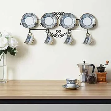 MyGift Vintage Scrollwork Black Metal Wire Tea Coffee Cup and Saucer Set Rack, Wall Mounted Decorative Display Shelf Holds Up to 4 Collectible Plates & Mugs